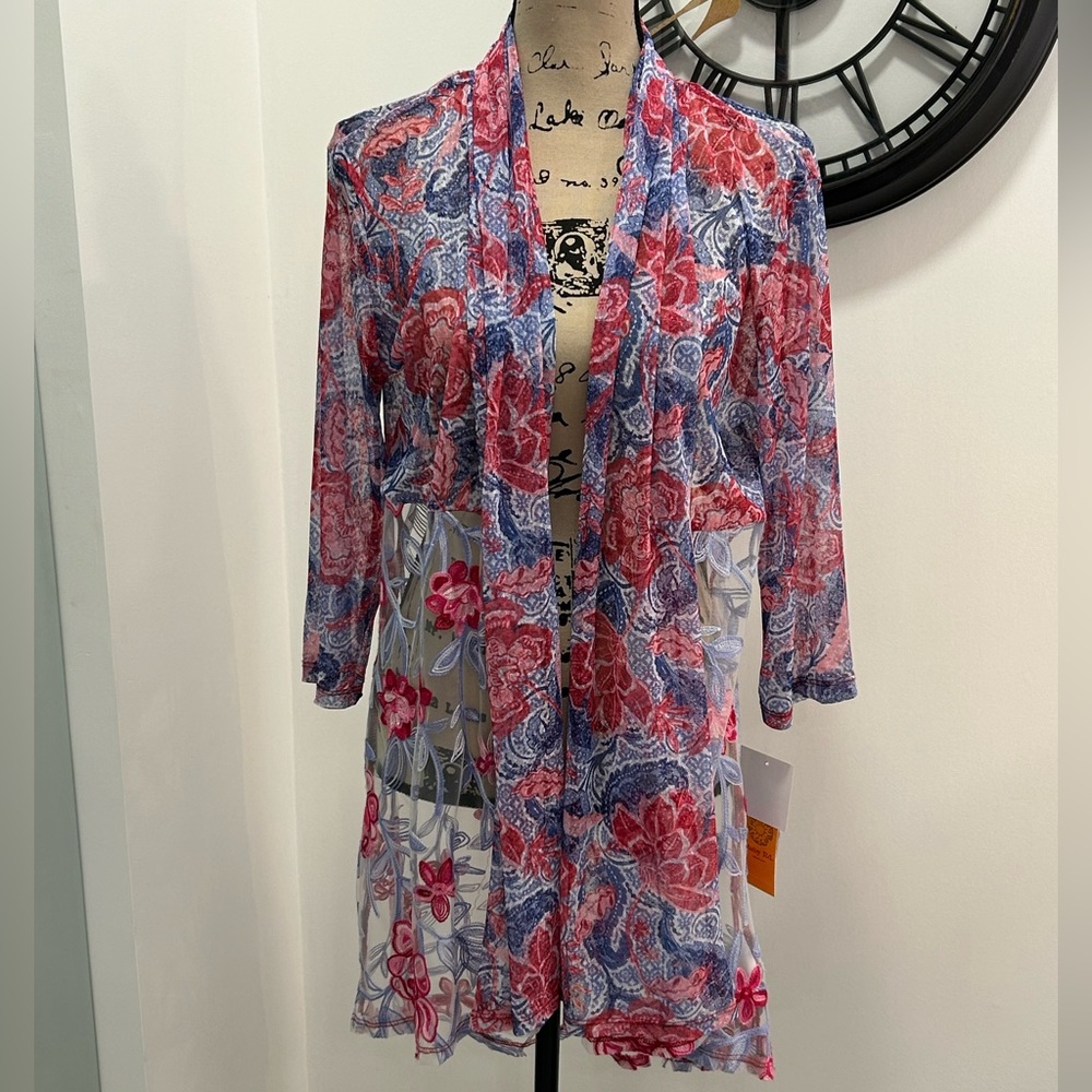 Ruby rd purple floral/paisley print 3/4 sleeve, embroidered mesh kimono …